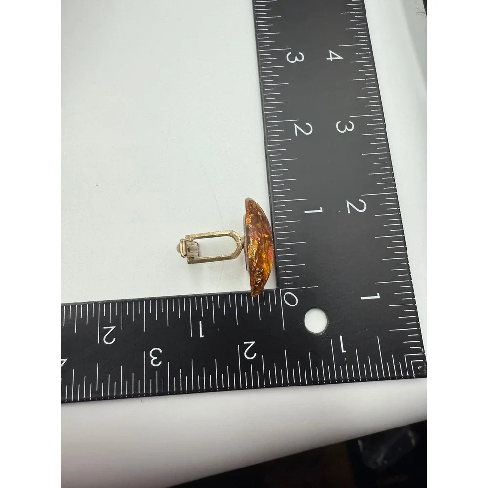 Vintage Mid Century Gold Foil Faux Amber Resin Oval Cufflinks Orange Gold Tone